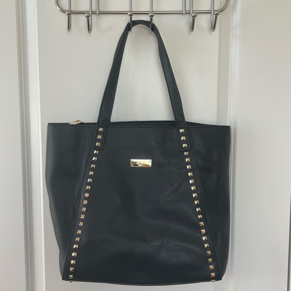 BCBG Paris Black Zip Tote w/ Gold Studs